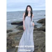 薄纱长裙 清冷感海边度假风显瘦无袖 法式 蓝色V领挂脖连衣裙女夏季