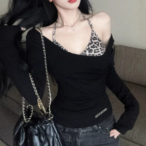 两件套装美式辣妹豹纹吊带长袖罩衫修身百搭黑色斜领露肩上衣女潮