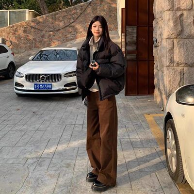 复古棕咖色直筒牛仔裤女2