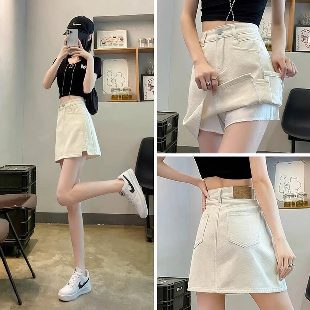 牛仔短裙女夏季薄款新款高腰裤裙a字裙裤包臀米白色半身裙