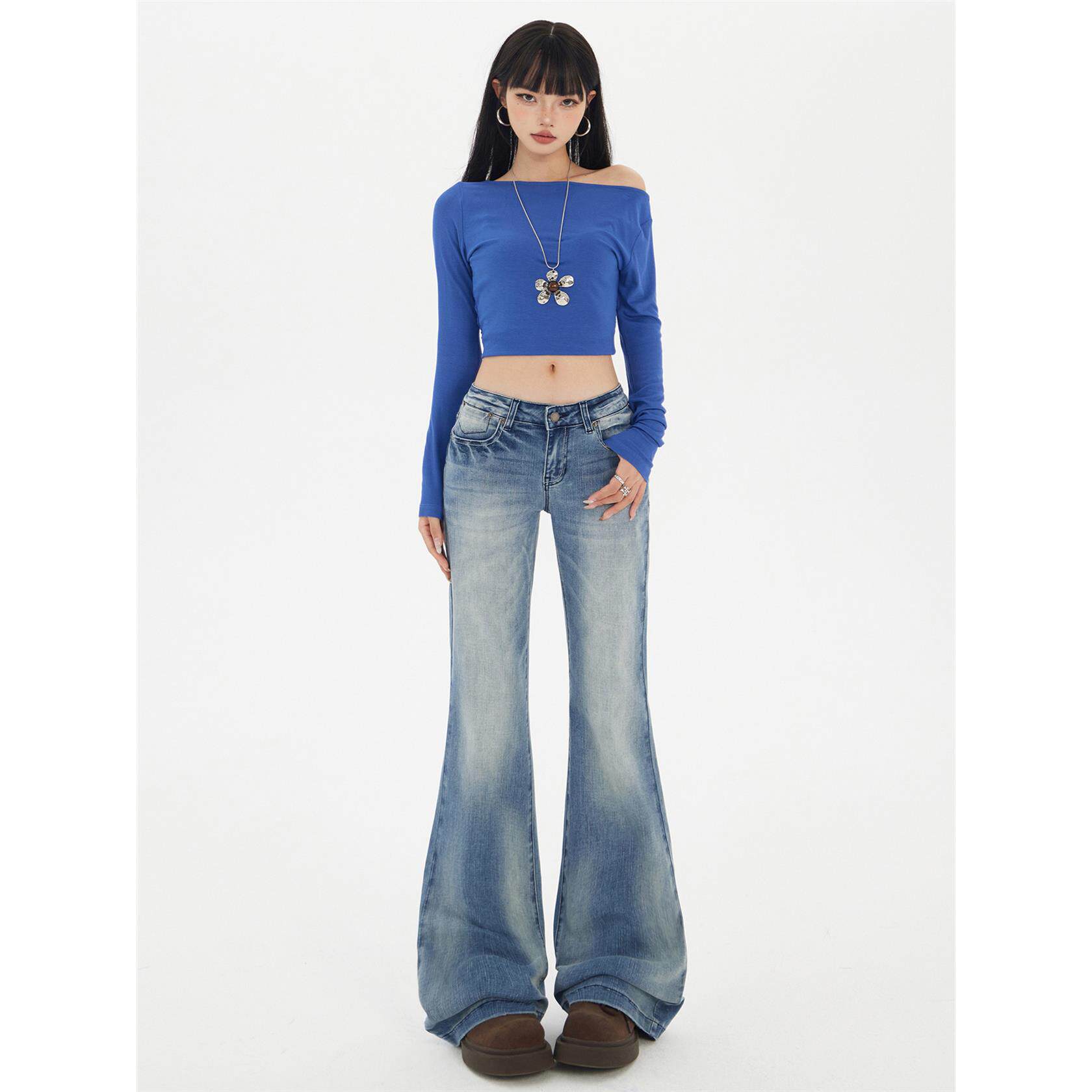 美式蓝色低腰微喇牛仔裤女2025秋季新款修身显瘦百搭渐变喇叭裤子