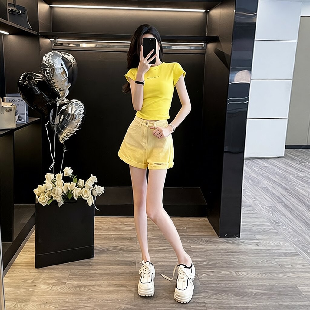 夏装两件套套韩系炸街减龄时尚茶系穿搭牛仔短裤套装女高腰气质女