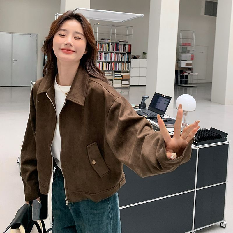 美拉德短款麂皮绒外套女春秋装美式复古慵懒chic又酷又飒皮衣夹克