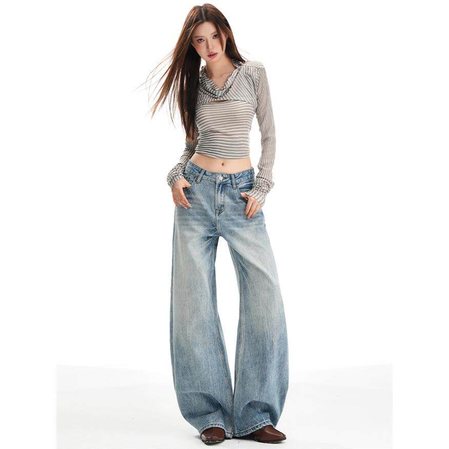水洗浅蓝色弯刀阔腿牛仔裤女秋季2025新款高个子显瘦宽松直筒裤子