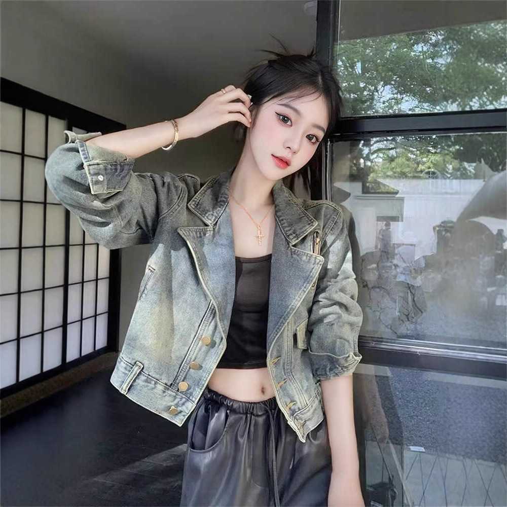 港风复古牛仔短外套女春秋新款潮流长袖上衣时尚休闲百搭机车夹克