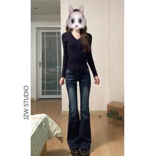 覆古怀旧蓝自然腰微喇牛仔裤女春夏小个子弹力修身显瘦拖地马蹄裤