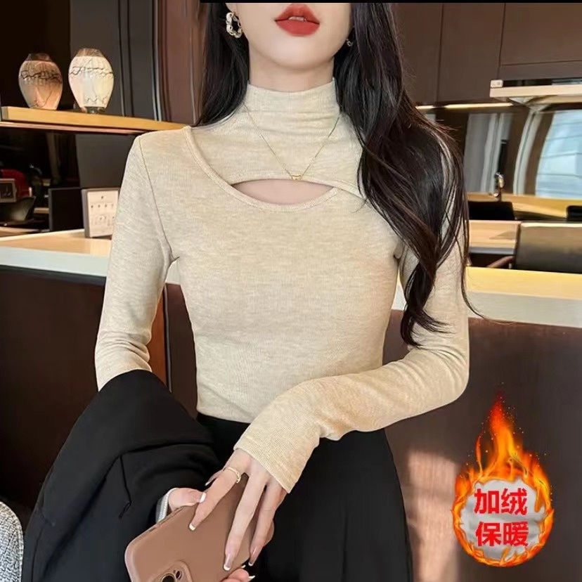 阳离子加厚秋冬新款德绒小心机打底衫女半高领镂空辣妹长袖T恤女