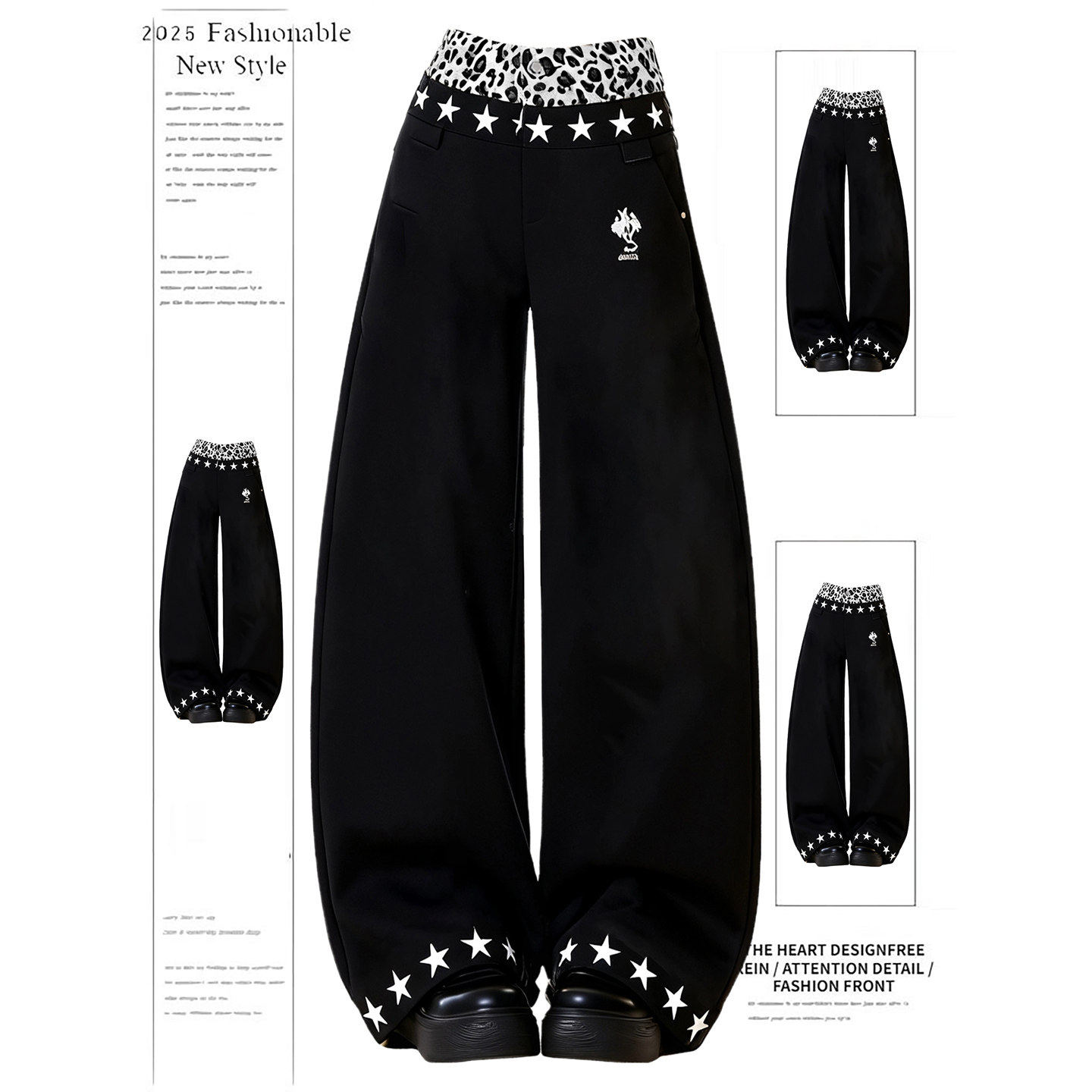 美式复古豹纹拼接假两件牛仔裤女秋冬设计感黑色裤子弯刀裤阔腿裤