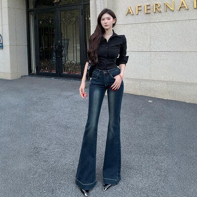 李李服饰蓝灰色微喇牛仔