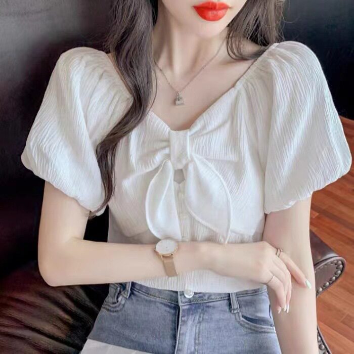 洋气雪纺泡泡袖衬衫上衣女2024夏季新款设计感小众蝴蝶结别致衬衣