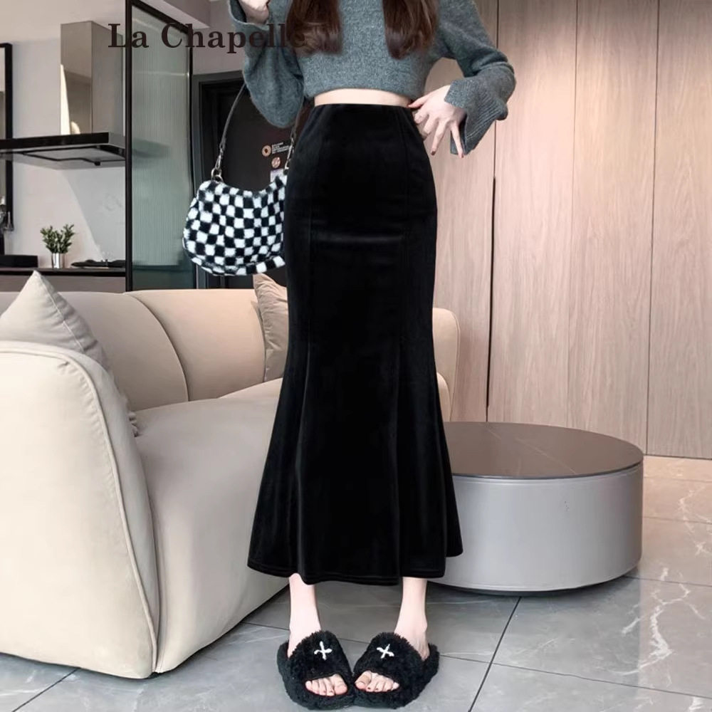 金丝绒高腰鱼尾裙半身裙女秋冬新款缎面黑色加绒加厚半裙醋酸长裙