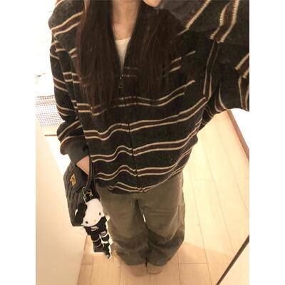 美式覆古条纹拼色连帽拉