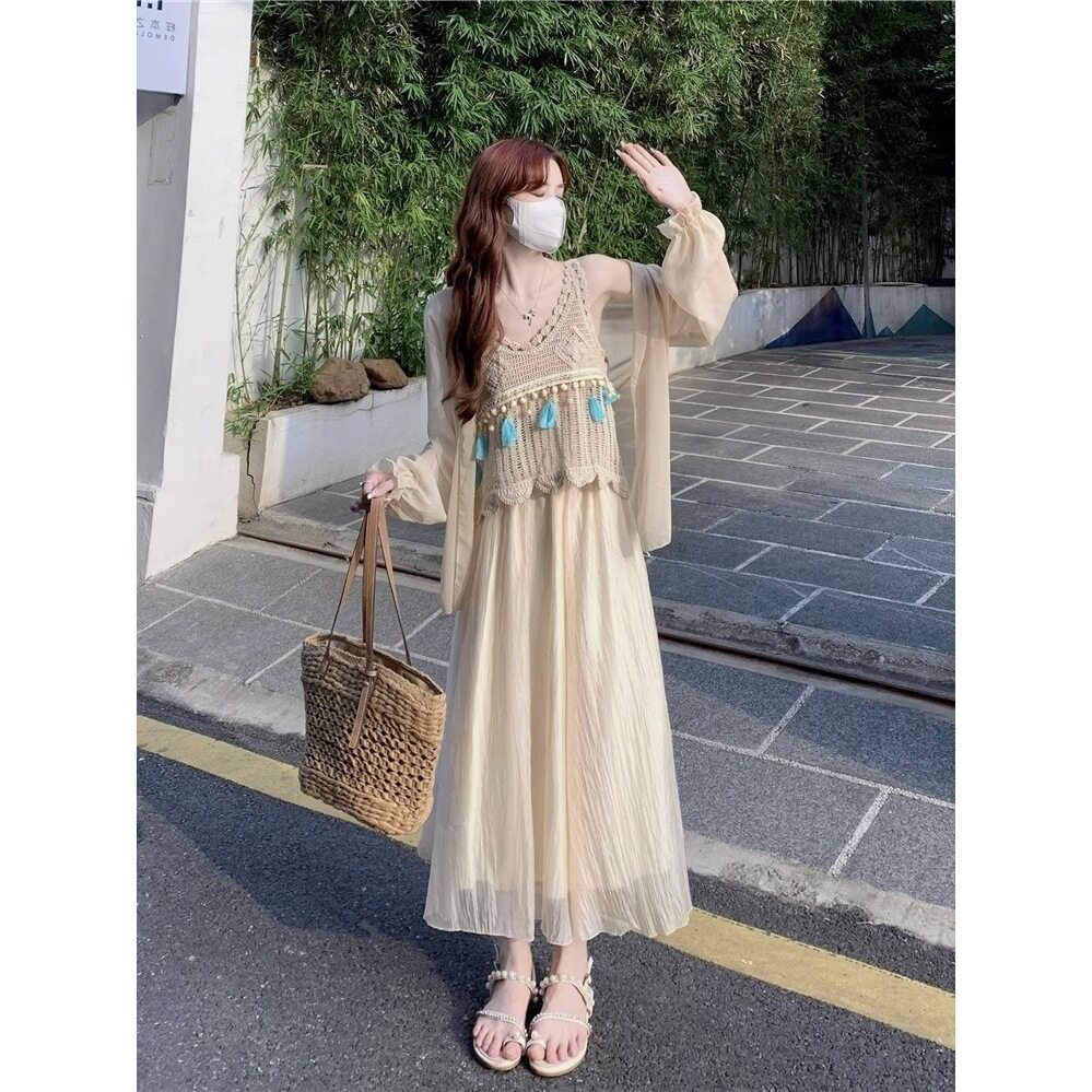 镂空流苏吊带背心女装春秋防晒衫套装2026年新款长袖半身裙三件套