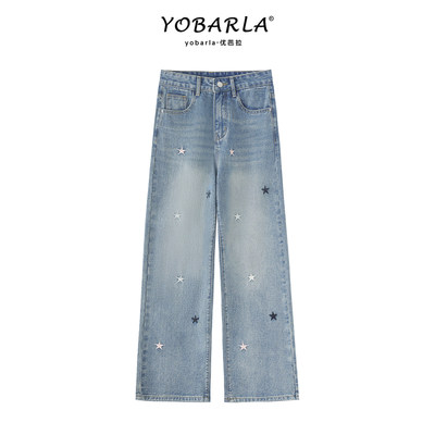 浅色星星刺绣直筒牛仔裤