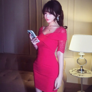 MLYD/定制 大码轻熟风性感蕾丝玫红色连衣裙女修身显瘦气质包臀裙