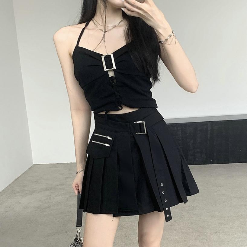 夏季暗黑辣妹甜酷不规则拼接高腰半身裙黑色短款设计感机能朋克女