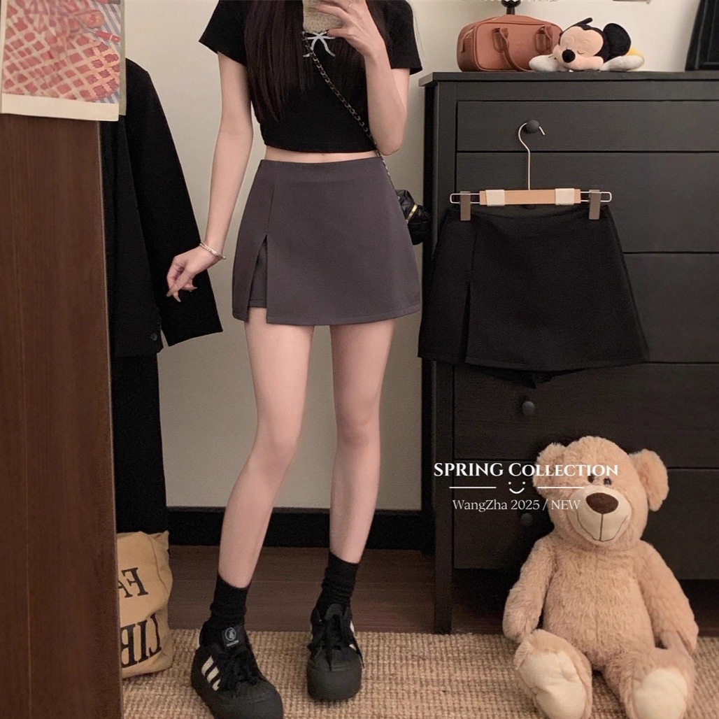 气质复古深灰开叉西装半身裙女高腰A字防走光包臀短裙子女夏季小