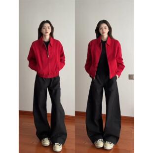 美式 红色短款 正肩高智韩系穿搭 早秋薄款 2025新款 夹克外套女款 秋季