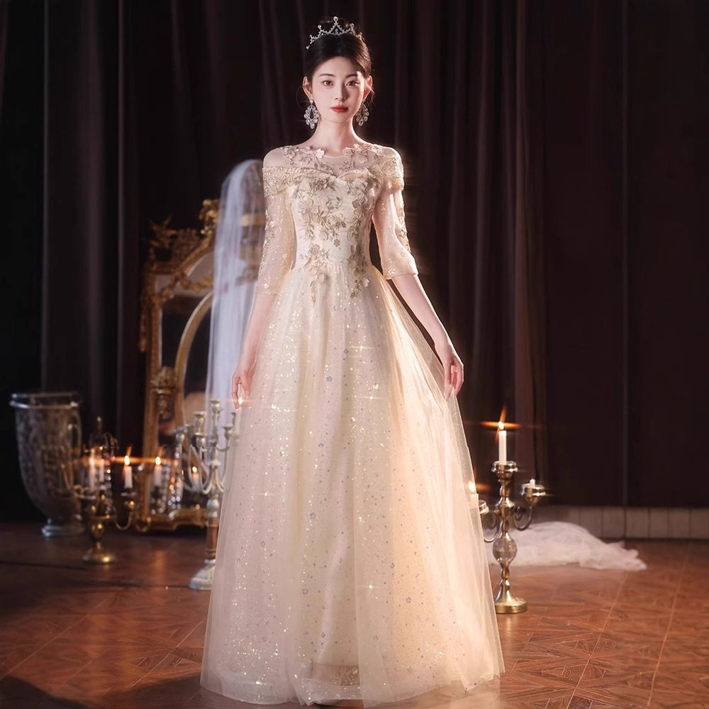 香槟色晚礼服女轻奢小众高端高级感名媛仙气纱裙法式年会小个子