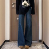 胖mm不贴腿宽松高腰阔腿牛仔裤 深蓝色加绒微喇裤 女小个子秋冬大码