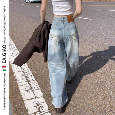 美式覆古弯刀阔腿牛仔裤