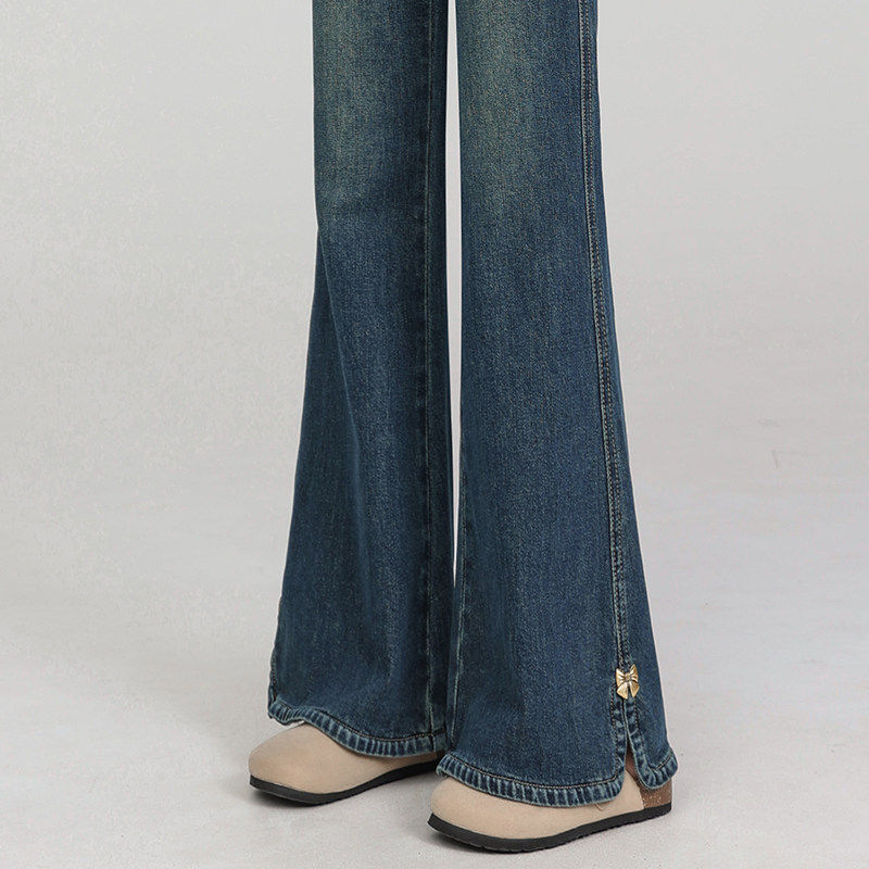 复古微喇牛仔裤女加绒2025新款小个子高腰显瘦百搭开叉马蹄喇叭裤