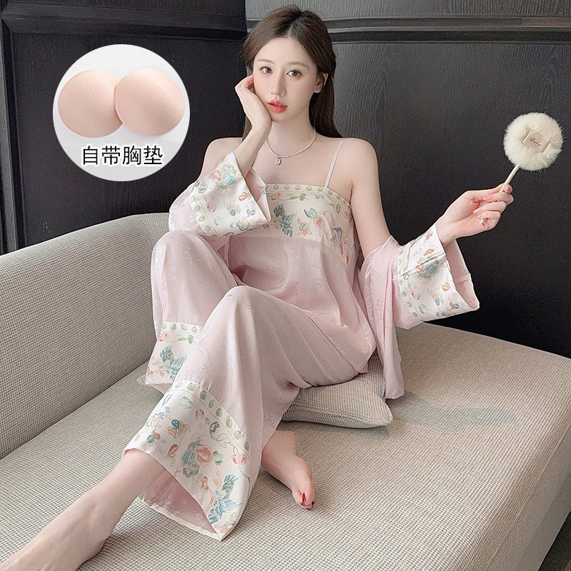 新中式睡衣女春秋带胸垫吊带开衫长裤三件套夏季高级感复古家居服