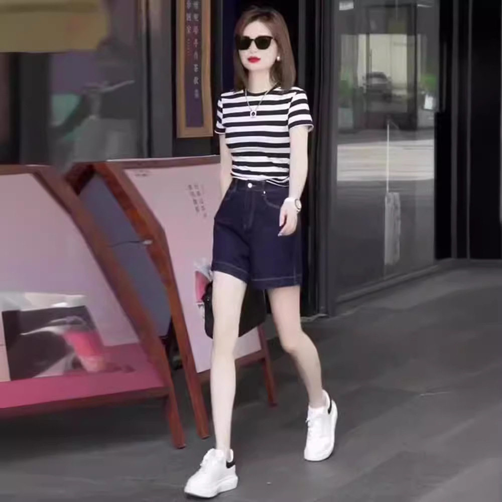 时尚套装女2026年夏季新款条纹短袖t恤衫牛仔短裤减龄显瘦两件套