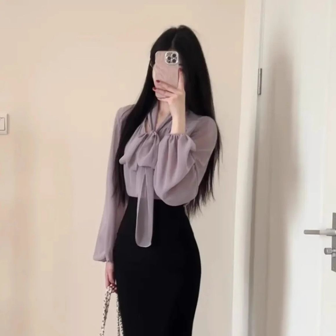 一整套韩系穿搭早春新款轻熟风V领系带衬衫上衣包臀半身裙两件套