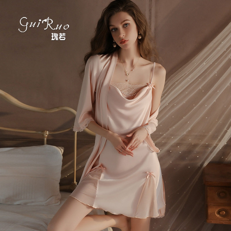 瑰若甜美珍珠点缀蕾丝荡领轻奢缎面吊带睡裙外袍品牌内衣套装4515