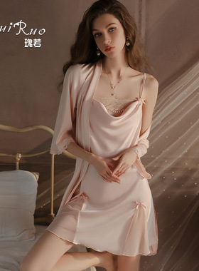 瑰若甜美珍珠点缀蕾丝荡领轻奢缎面吊带睡裙外袍品牌内衣套装4515