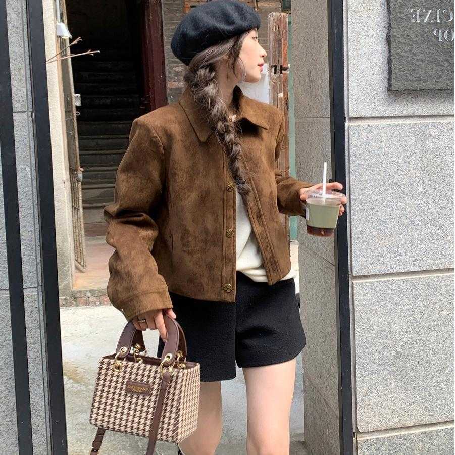 美拉德麂皮绒外套女短款春秋新款复古宽松小个子薄款夹克上衣