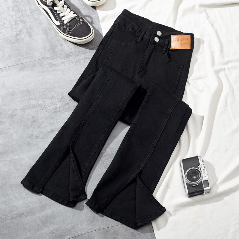 韩版高腰开叉微喇裤女小个子新款黑色修身弹力显瘦拖地阔腿牛仔裤