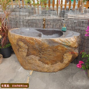 大型端砚石立柱盆一体洗手盆花园户外庭院原石洗水池室外水池台盆