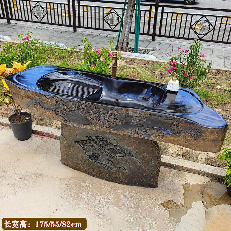 天然黑砚石洗手盆分体式立柱盆庭院户外艺术洗手池花园洗手台超大