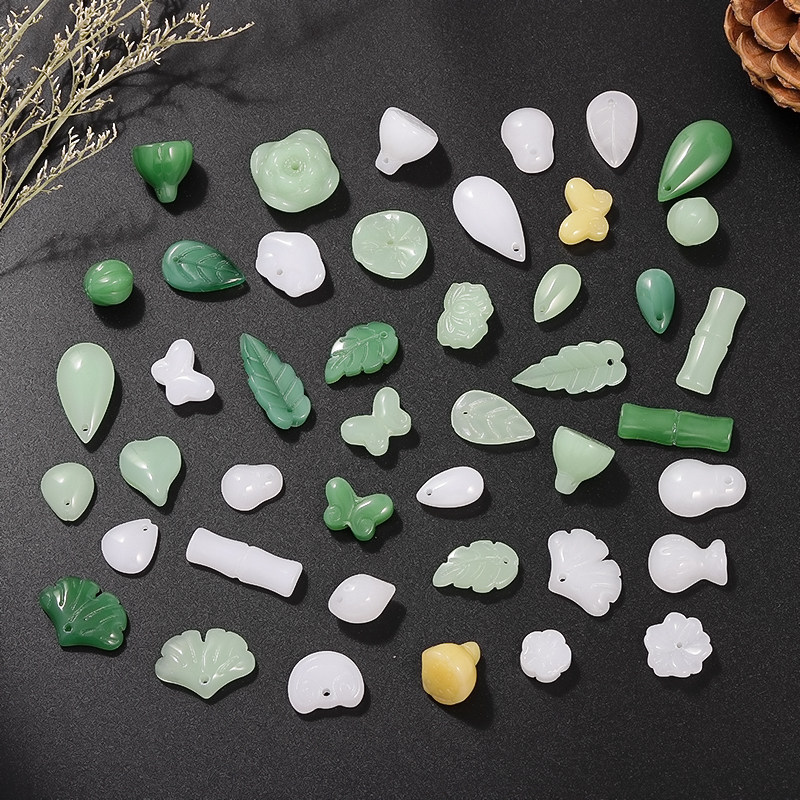 琉璃仿玉白玉黄玉尖水滴蝴蝶深绿 浅绿树叶款吊坠diy手链挂件配件