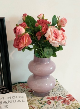 紫雾感葫芦玻璃花瓶+深浅双色粉玫瑰套装 客厅餐桌装饰花艺摆件