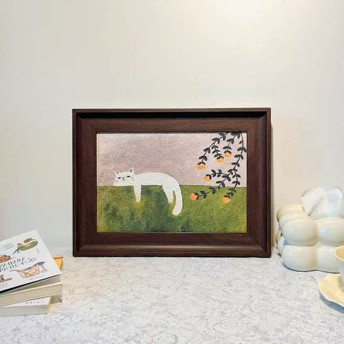 日式治愈猫咪趴趴砂岩画 仿木纹PS框艺术装饰画 可悬挂温馨挂画