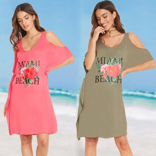 度假宽松沙滩弹力棉露肩印花背心比基尼泳衣女防晒衣罩衫罩衣T恤