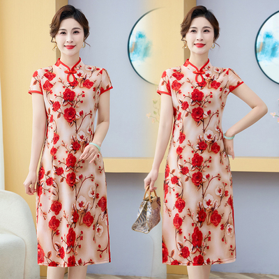 2025妈妈装中老年女装短袖连衣裙夏季中式改良旗袍中长款国风裙子