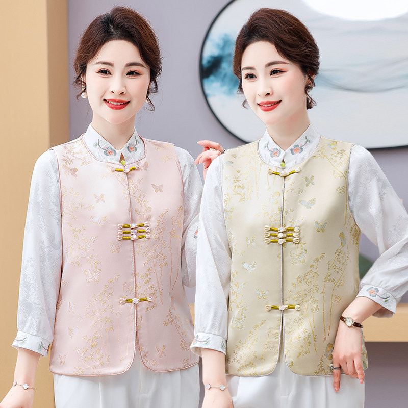 新中式国风马夹外套2025新款缎面盘扣妈妈唐装马甲背心外穿显年轻,女装/女士精品,中老年女装,淘宝优惠券,粉丝福利购,淘宝优惠卷