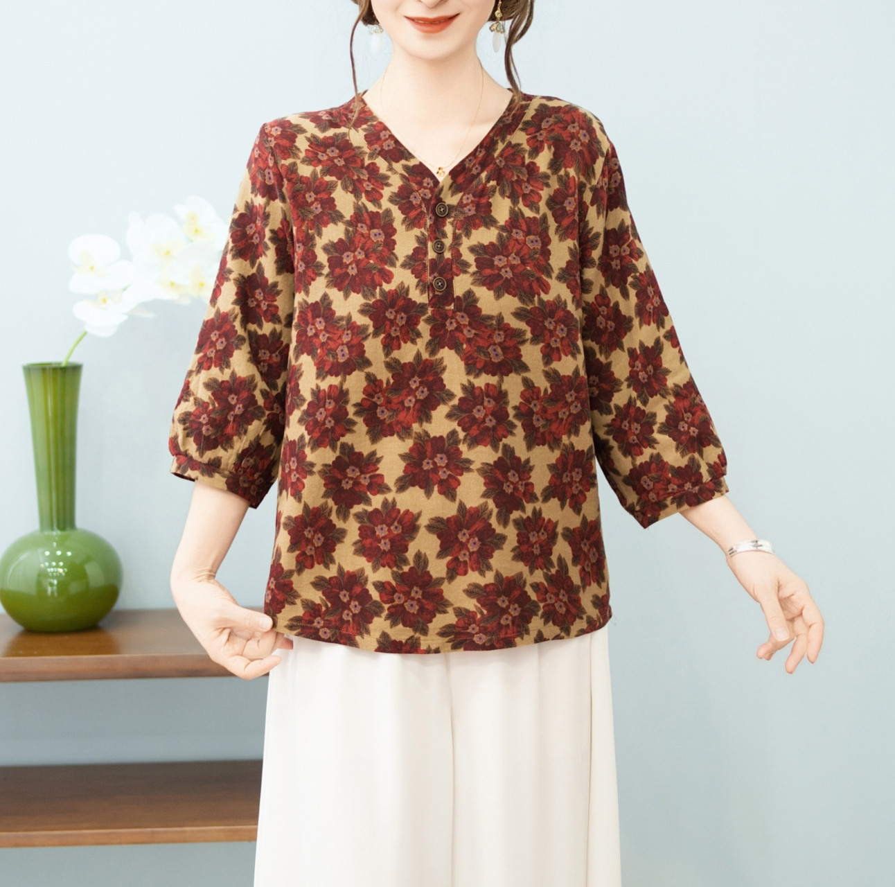 妈妈夏装棉麻t恤七分袖小衫 2026新款中老年春秋女装宽松休闲上衣