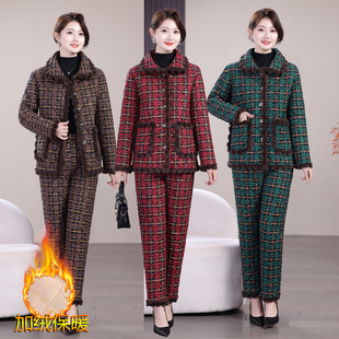 妈妈冬装新款两件套格子加绒套装洋气小个子中老年女装大码花棉袄