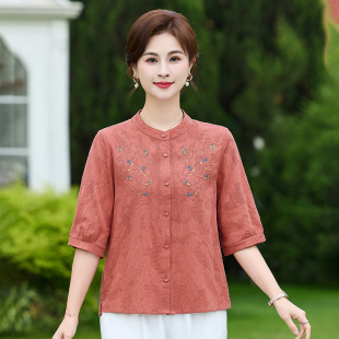 中年妈妈装夏季刺绣衬衫女中老年立领七分袖洋气减龄气质上衣开衫