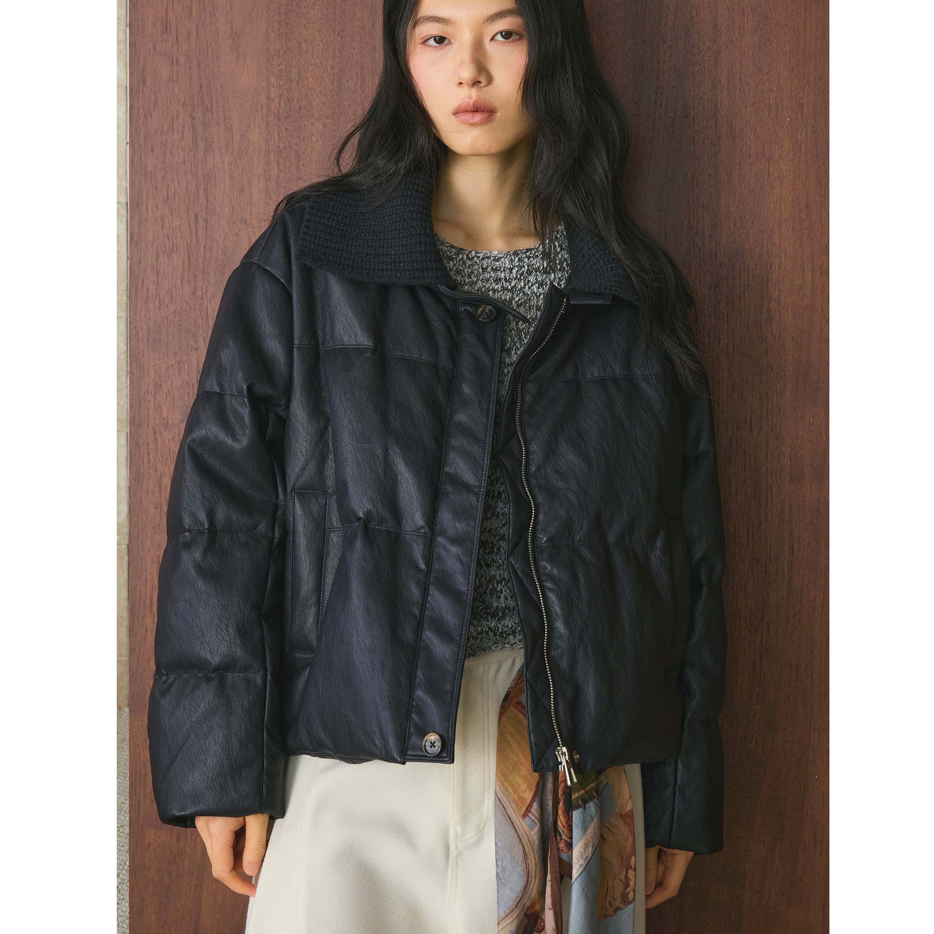 有乐冬季新款韩版时髦翻领拼接pu皮90白鸭绒羽绒服舒适保暖外套女
