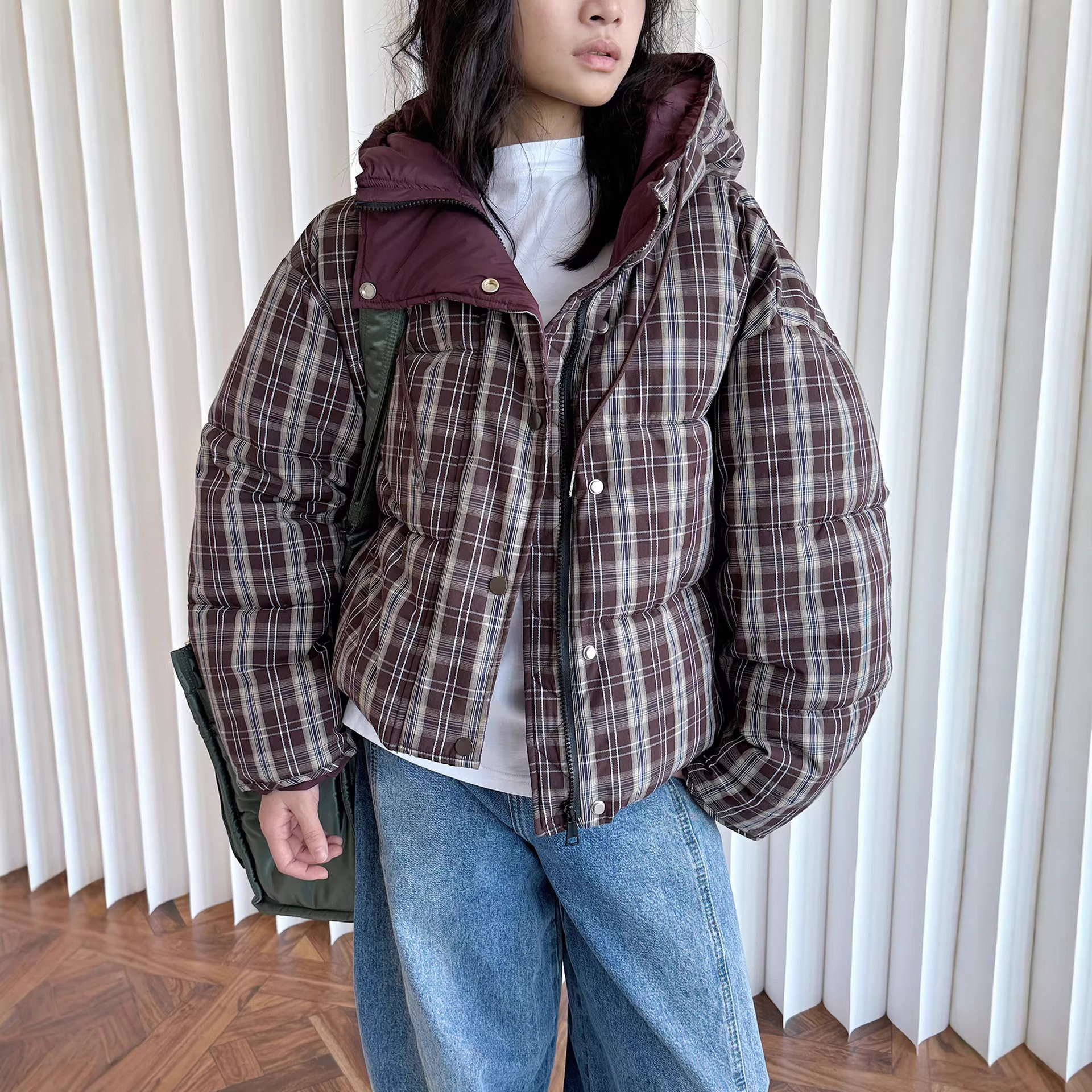 有乐冬季新款韩版时髦复古格纹连帽棉服舒适保暖宽松显瘦外套女