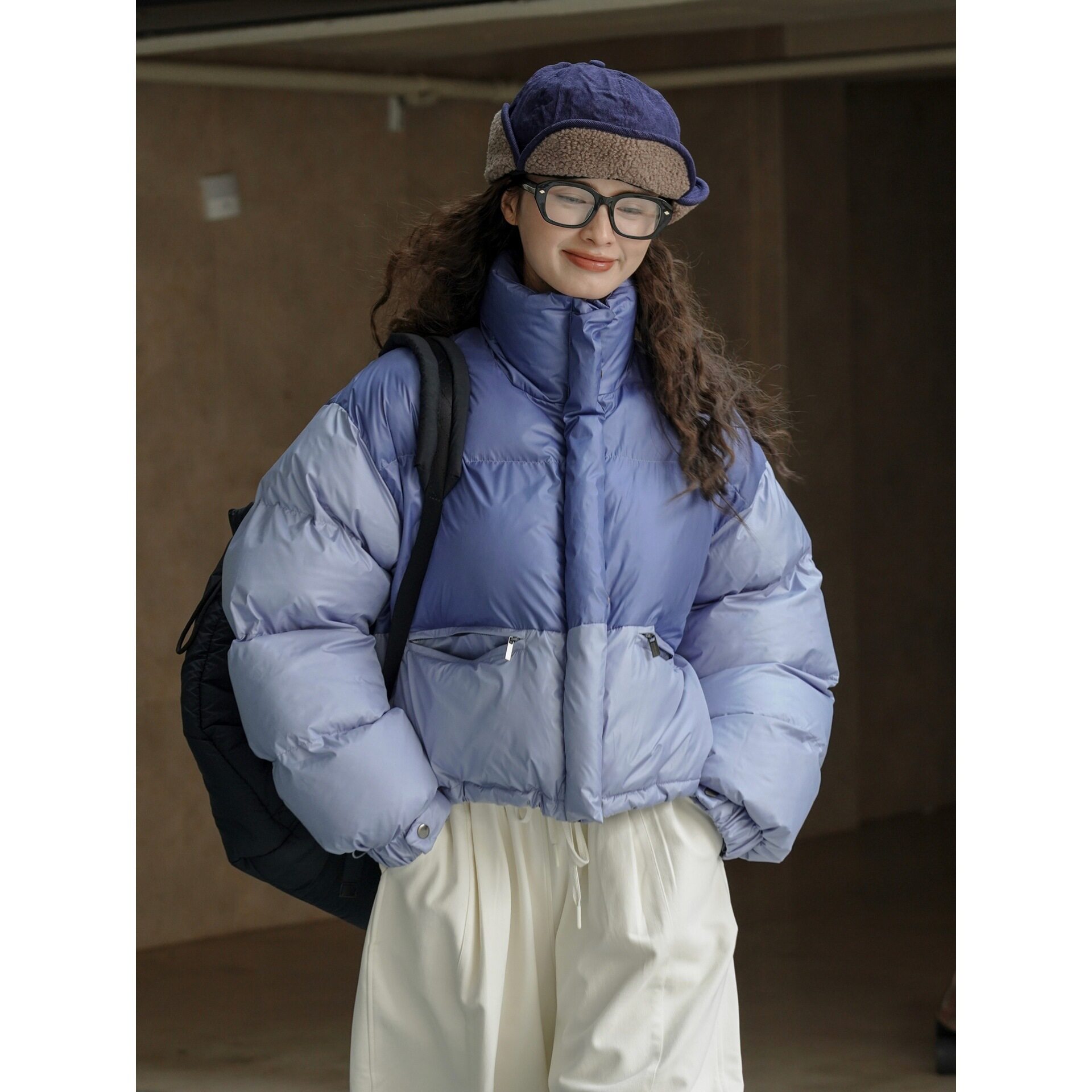 有乐冬季新款韩版时髦立领拼接撞色面包棉服宽松显瘦保暖外套女