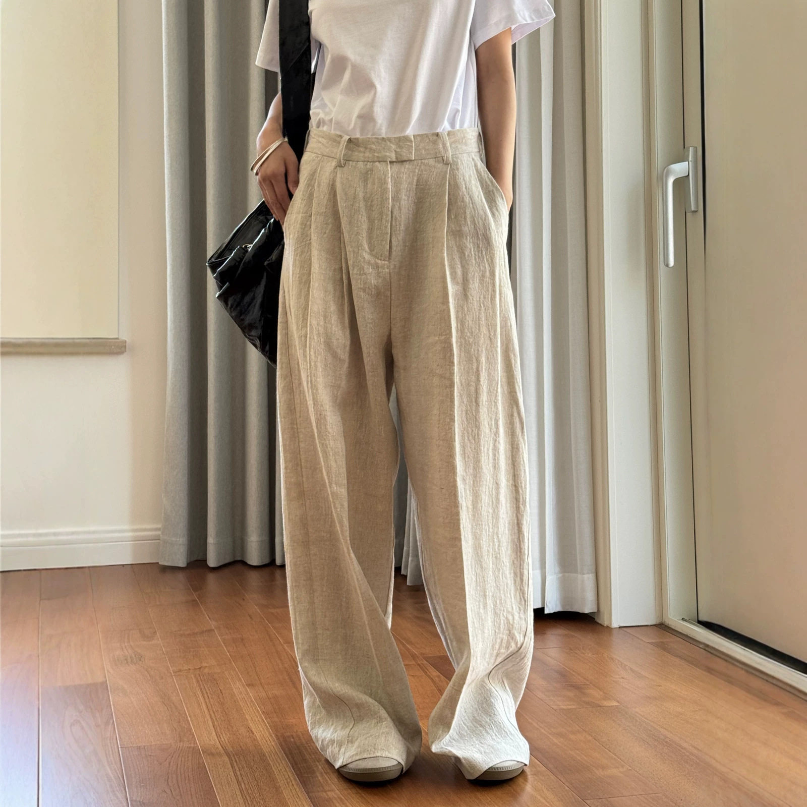 有乐重磅老钱亚麻西裤夏季新款巴黎通勤阔腿舒适挺括休闲长裤女