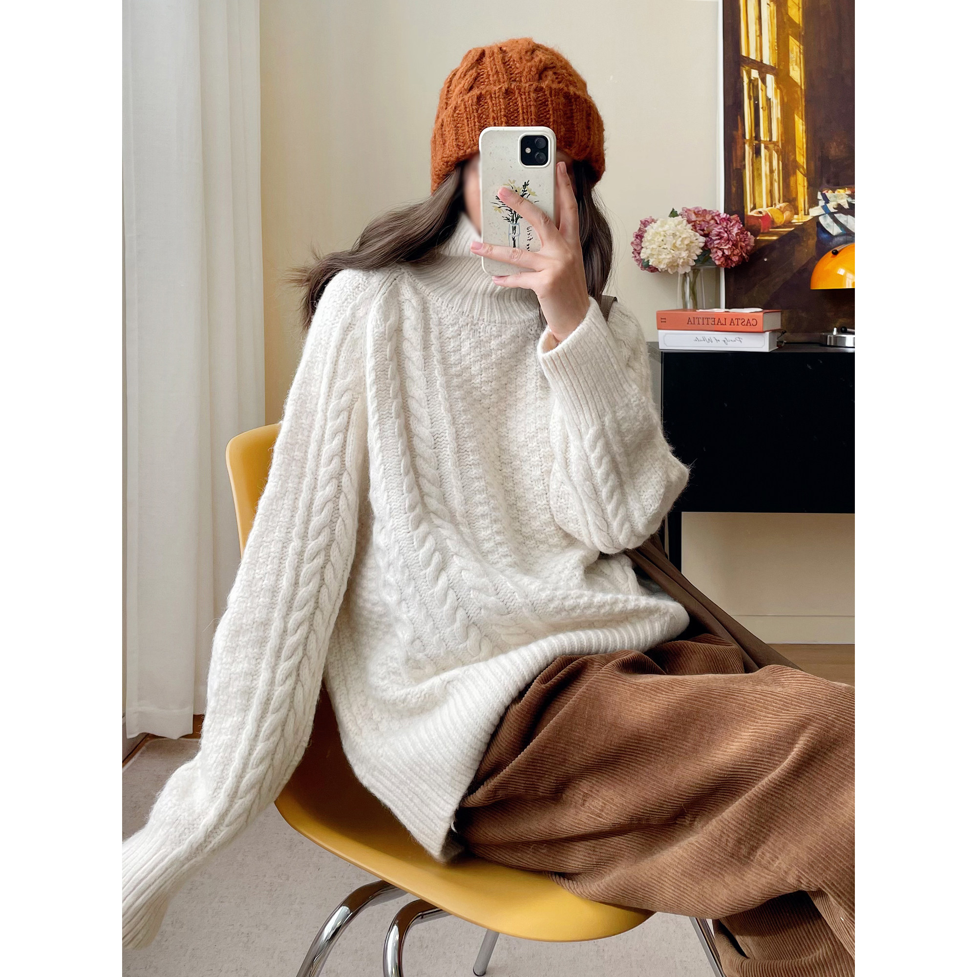 宽松慵懒麻花套头高领毛衣女简约通勤软糯纯色保暖针织上衣外套冬