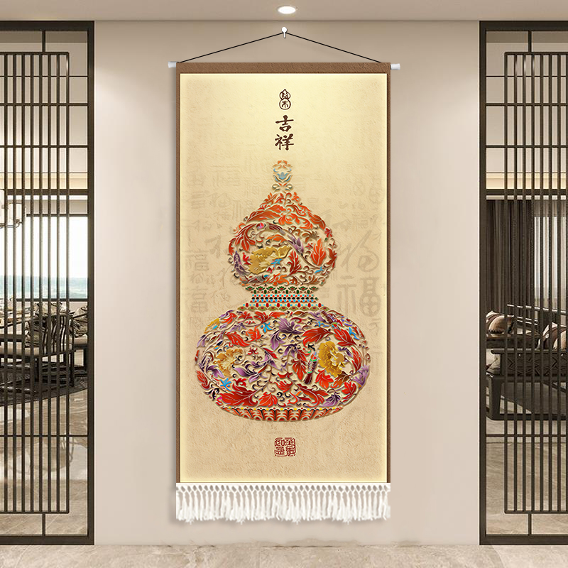 花瓶葫芦挂画新中式入户玄关装饰画福禄吉祥图客厅正对门布艺挂画图片